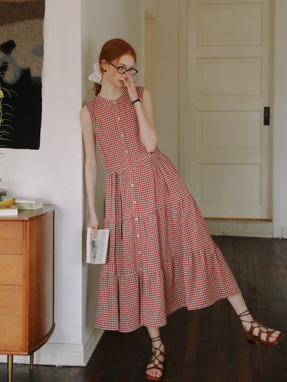 Sleeveless Band-Collar Gingham Seersucker Dress