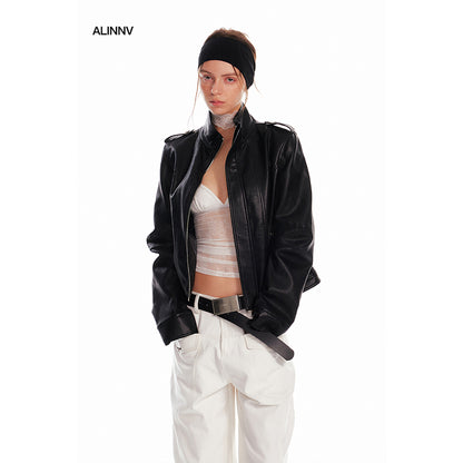 Stand Collar Zip-Up Faux Leather Jacket