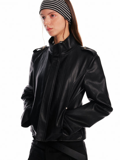 Stand Collar Zip-Up Faux Leather Jacket