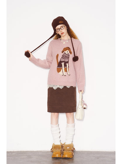 Playful Dog-in-Sweater Motif Jacquard Knit Pullover