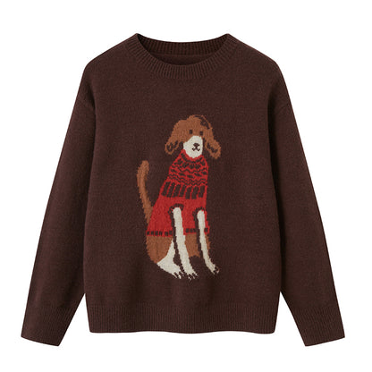 Playful Dog-in-Sweater Motif Jacquard Knit Pullover