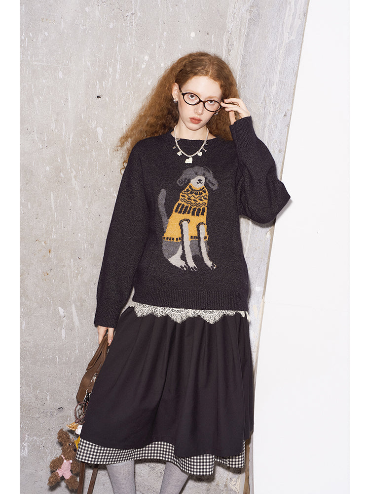 Playful Dog-in-Sweater Motif Jacquard Knit Pullover