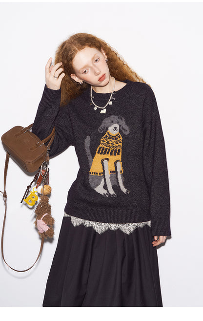 Playful Dog-in-Sweater Motif Jacquard Knit Pullover