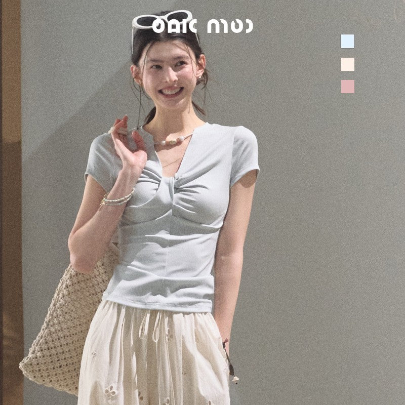 Bow Knot T-Shirt With Beaded Neck