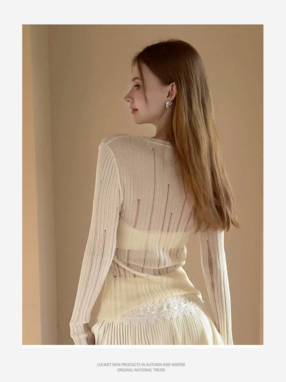 Layered-Look Distressed Rib Knit Top & Skirt