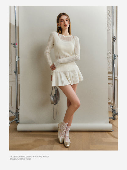 Layered-Look Distressed Rib Knit Top & Skirt
