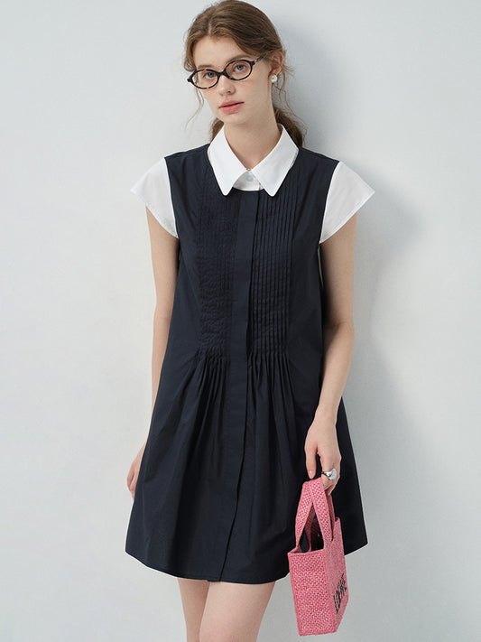 Layered-Look Pintuck Collared Dress