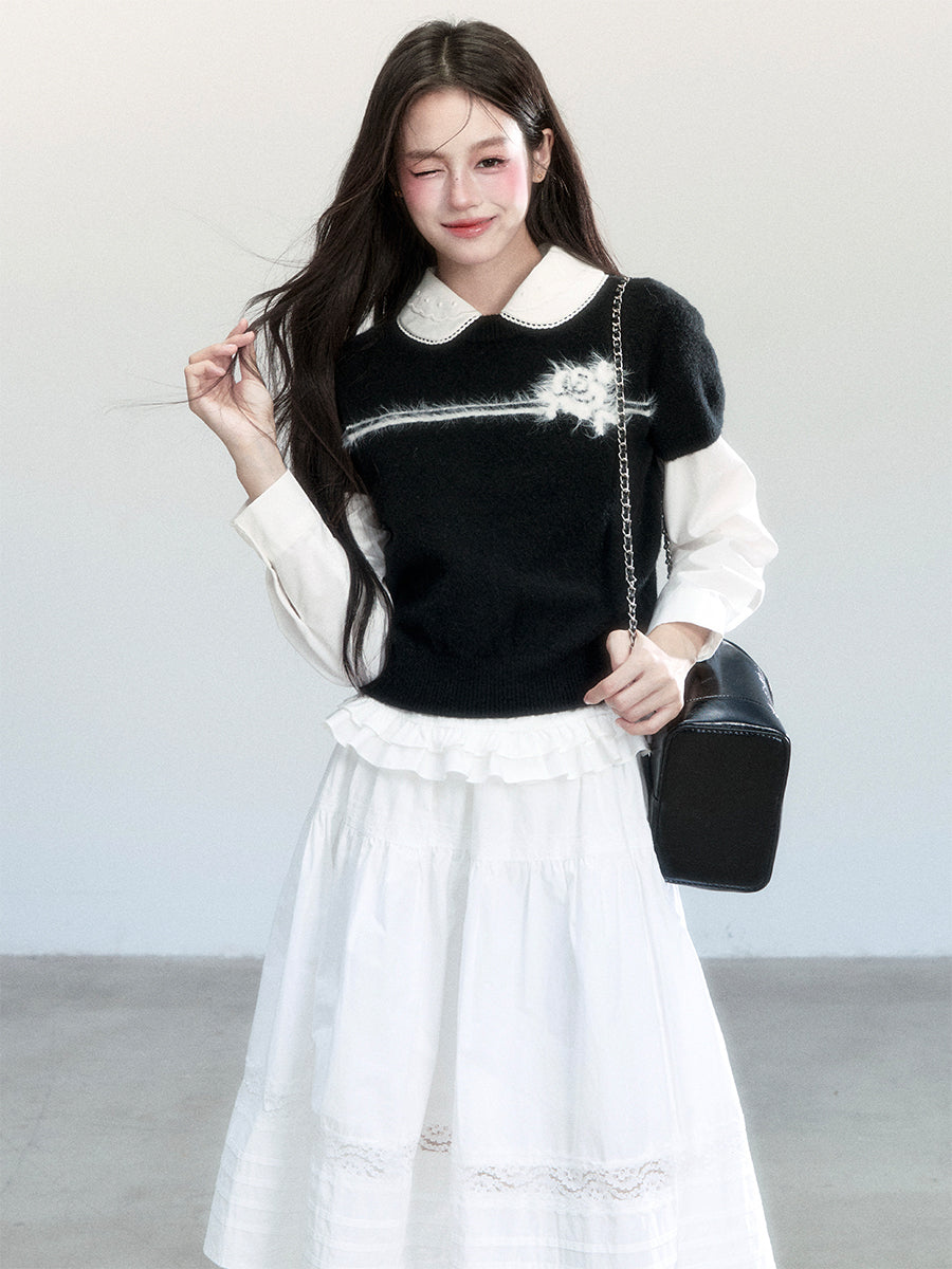 Flower Motif Puff-Sleeve Knit Top