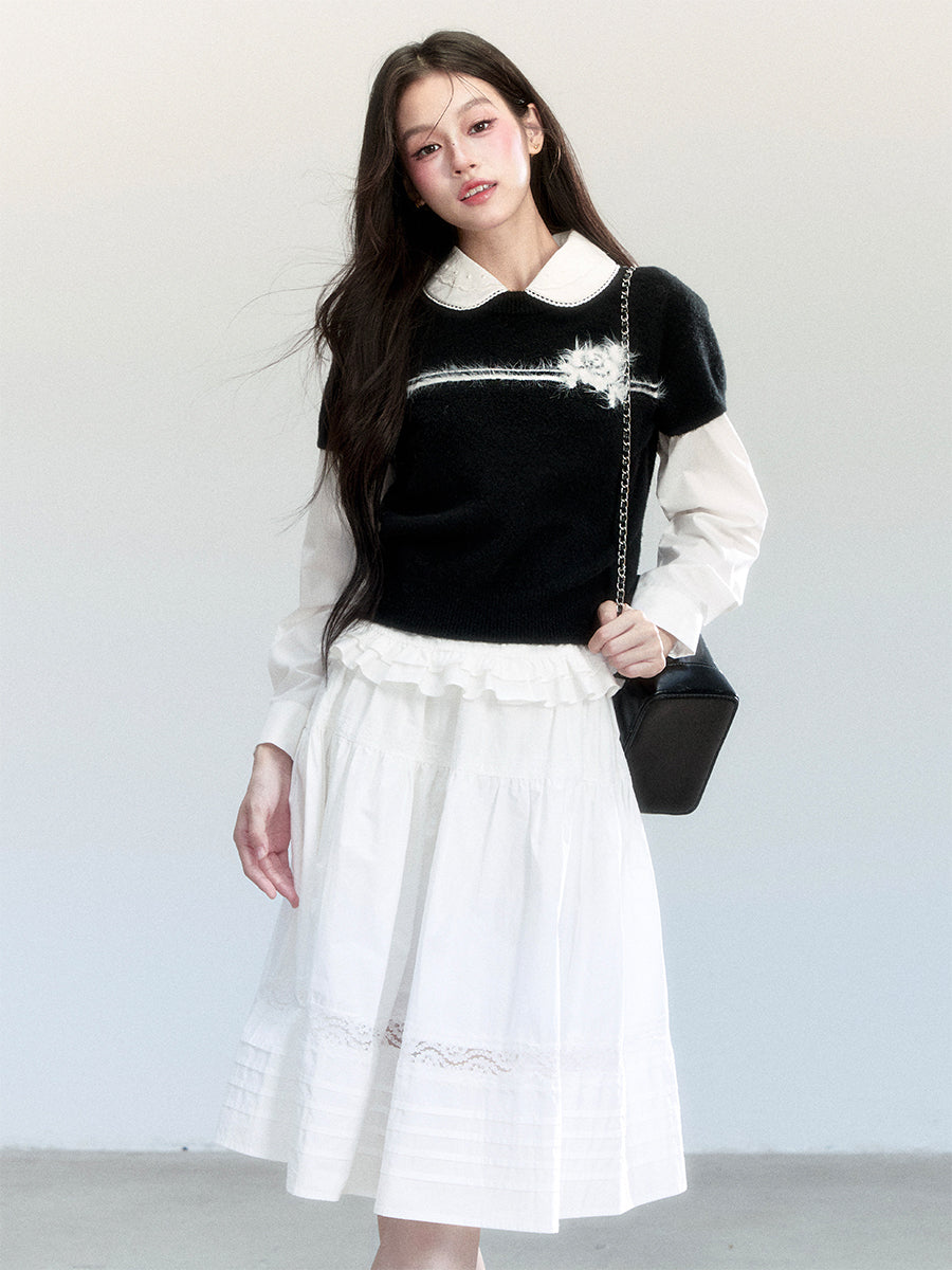 Flower Motif Puff-Sleeve Knit Top