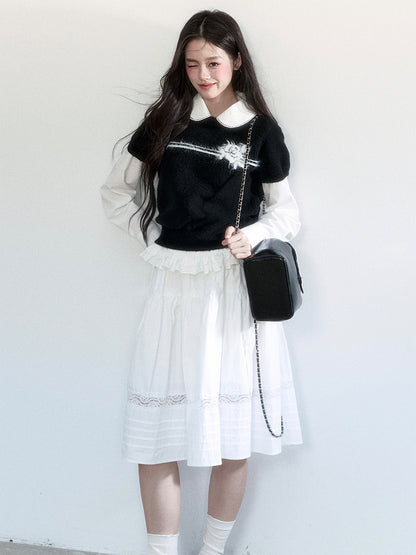 Flower Motif Puff-Sleeve Knit Top