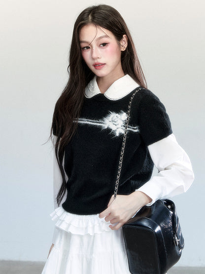 Flower Motif Puff-Sleeve Knit Top