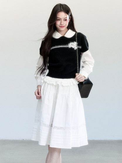 Flower Motif Puff-Sleeve Knit Top