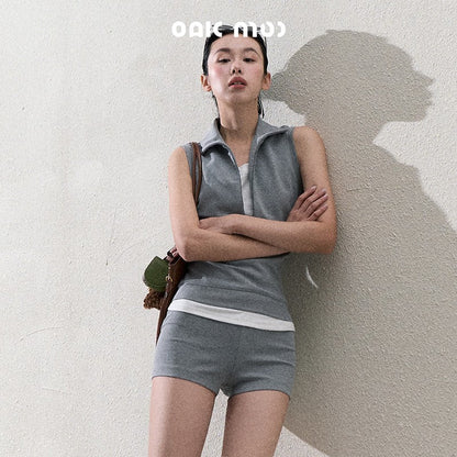 Sleeveless Layered Look Half-Zip Top