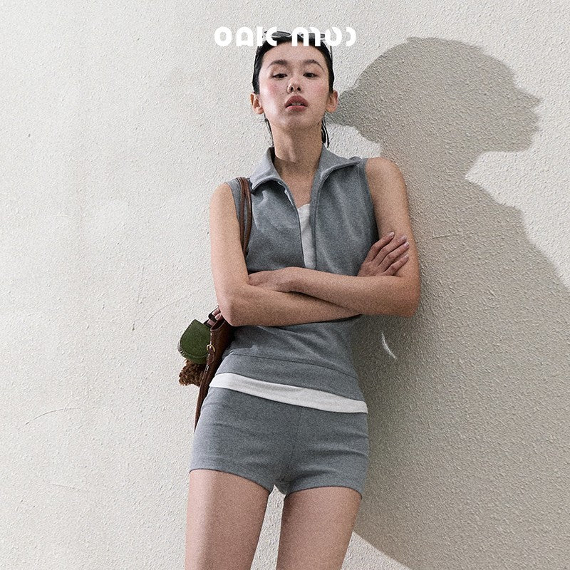 Sleeveless Layered Look Half-Zip Top