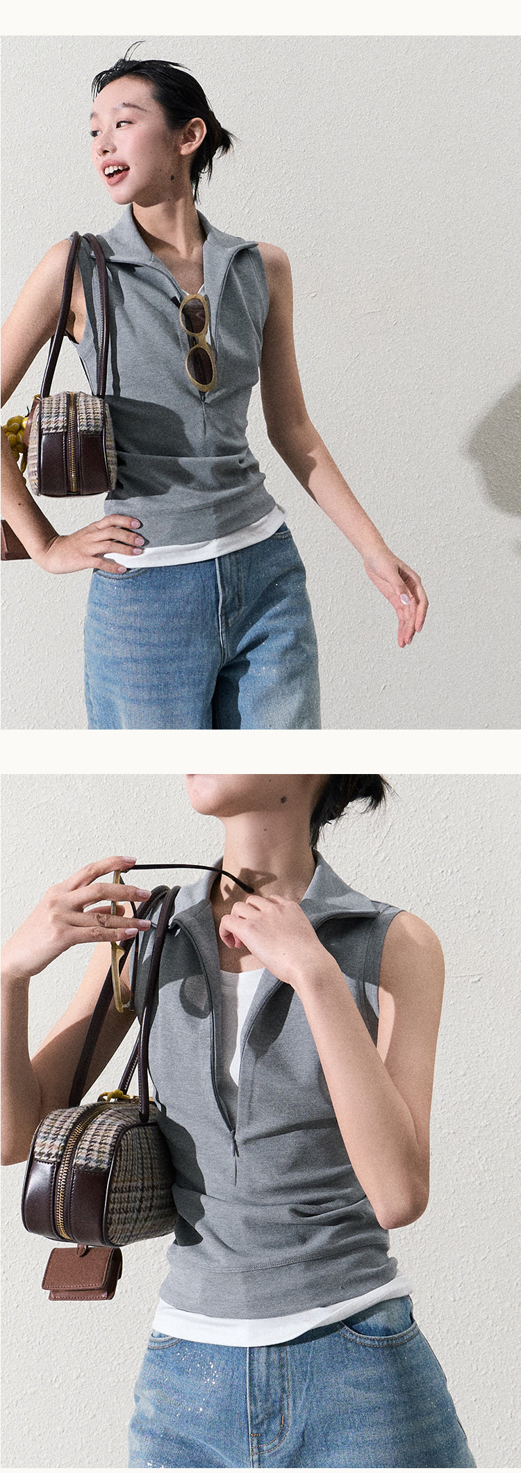 Sleeveless Layered Look Half-Zip Top