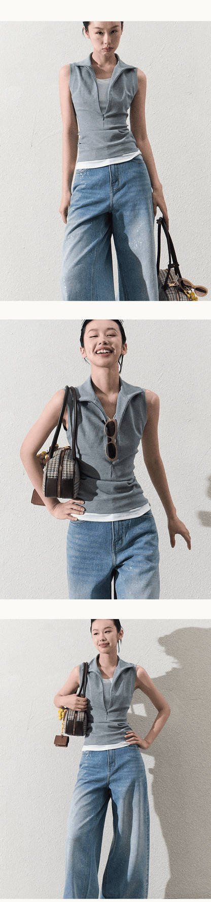 Sleeveless Layered Look Half-Zip Top