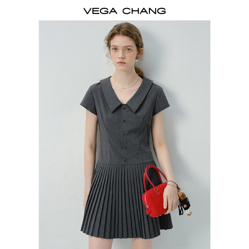 Striped Zip-Up Pleated Shirt Dress