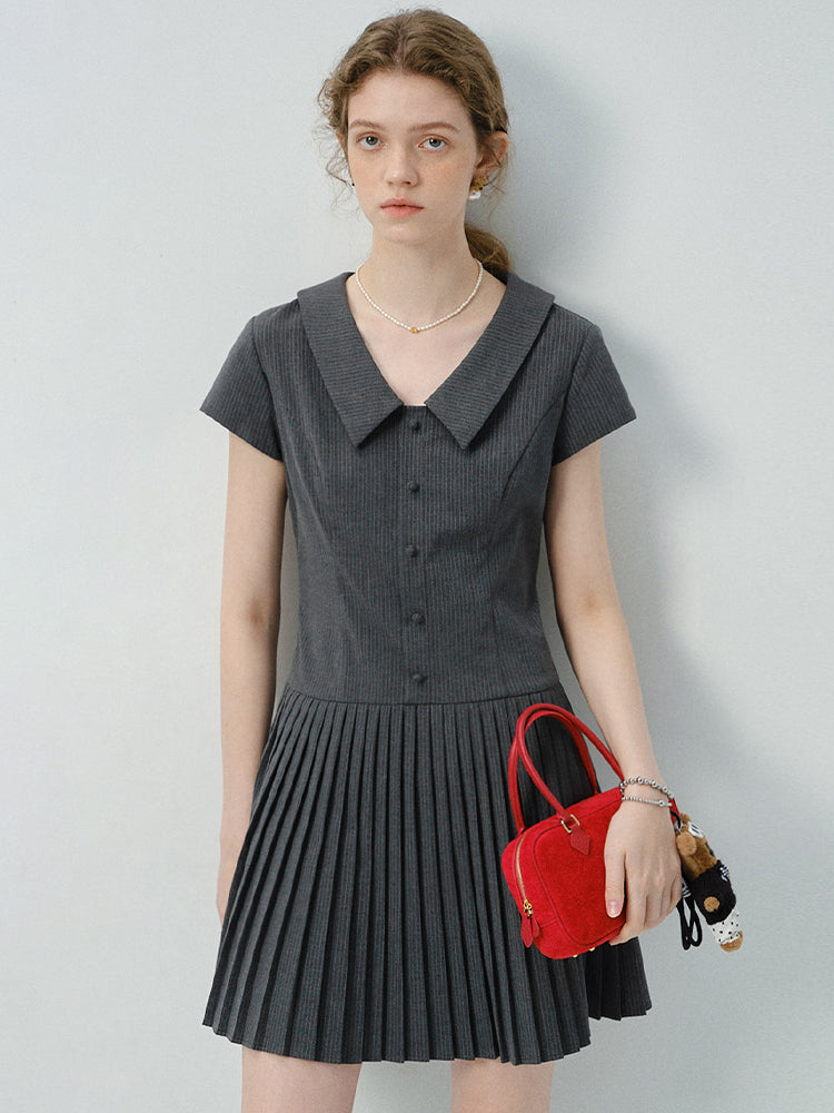 Striped Zip-Up Pleated Shirt Dress
