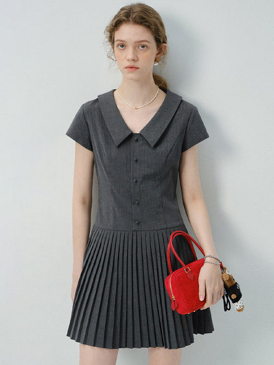 Striped Zip-Up Pleated Shirt Dress