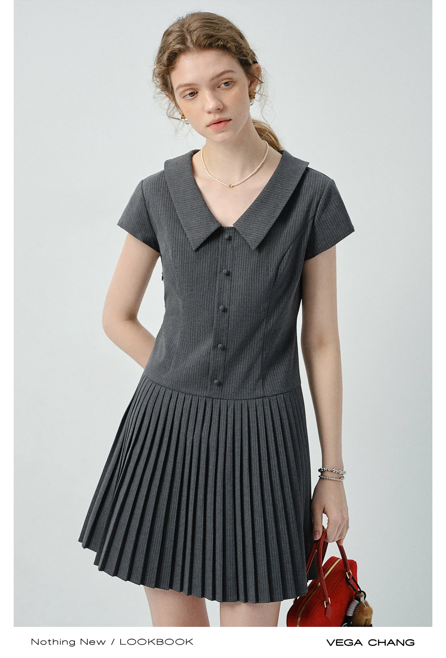 Striped Zip-Up Pleated Shirt Dress