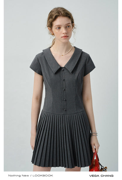 Striped Zip-Up Pleated Shirt Dress