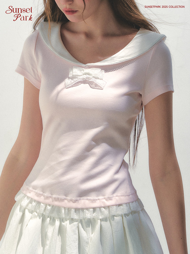 Collared T-Shirt With Lace Trim And Bow
