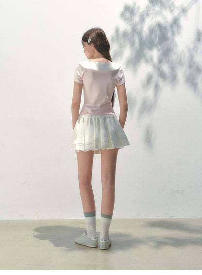 Collared T-Shirt With Lace Trim And Bow