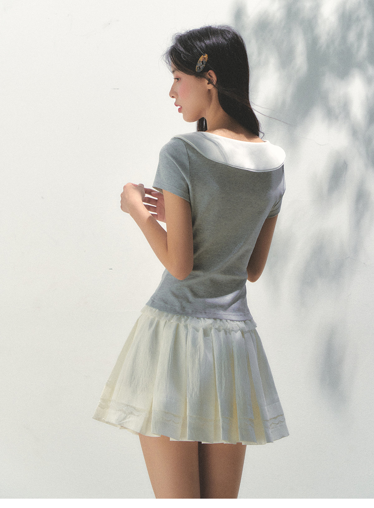 Collared T-Shirt With Lace Trim And Bow