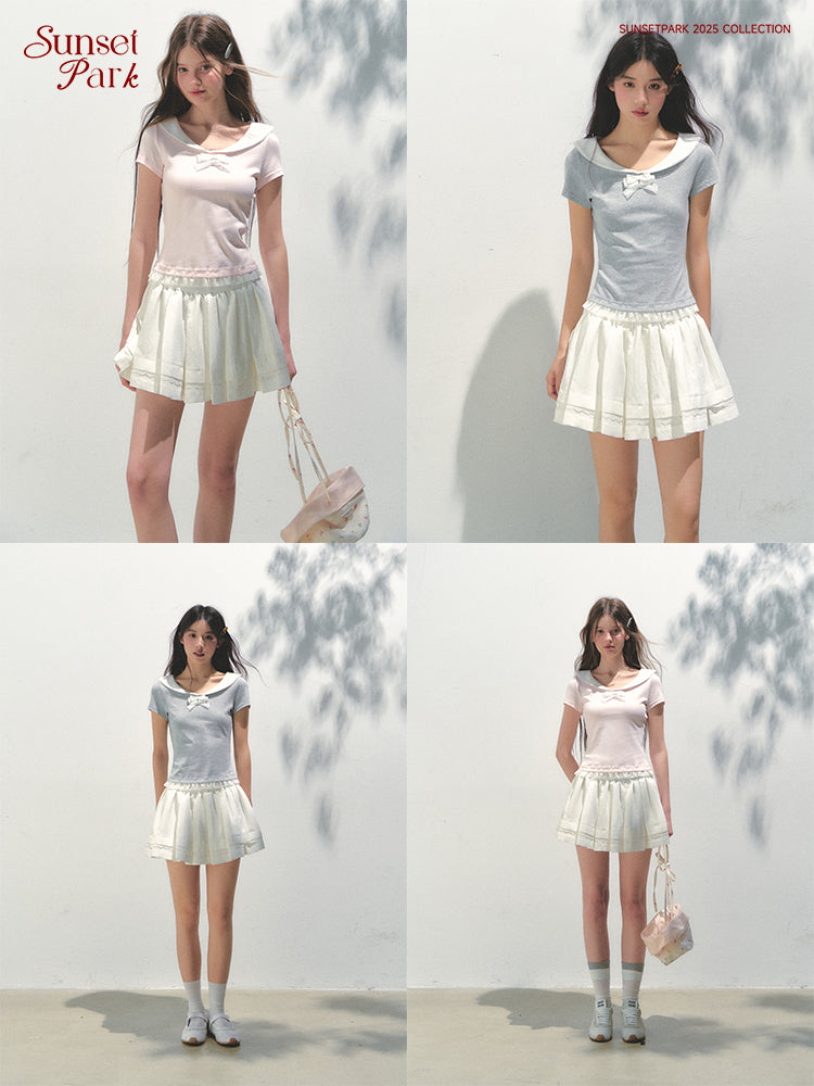 Collared T-Shirt With Lace Trim And Bow