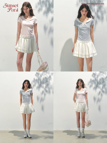 Collared T-Shirt With Lace Trim And Bow