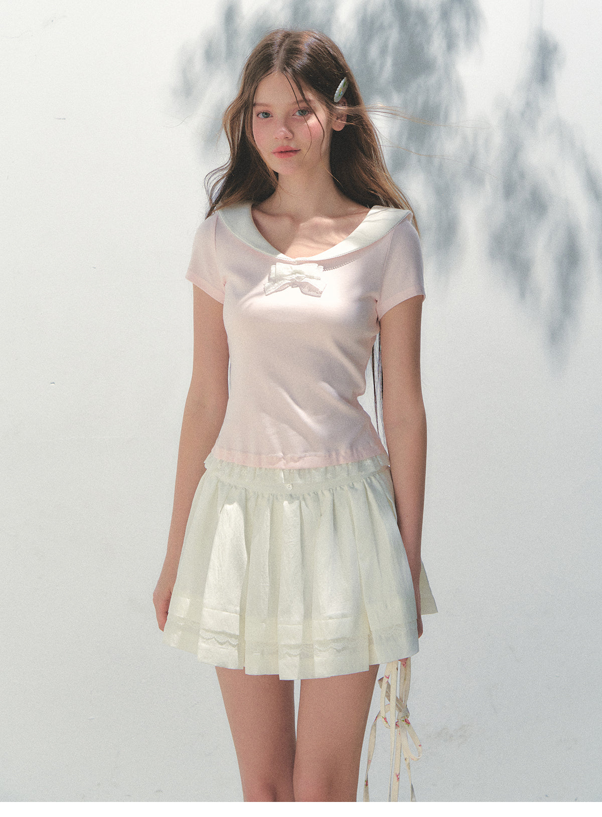 Collared T-Shirt With Lace Trim And Bow