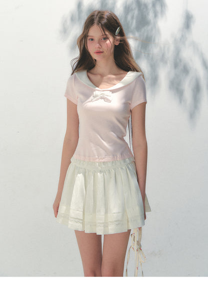 Collared T-Shirt With Lace Trim And Bow