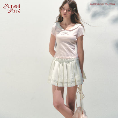 Collared T-Shirt With Lace Trim And Bow