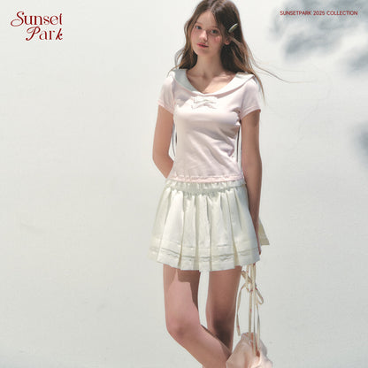 Collared T-Shirt With Lace Trim And Bow