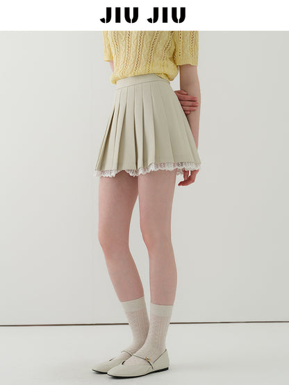 Lace Trimmed High Waist Pleated Skirt