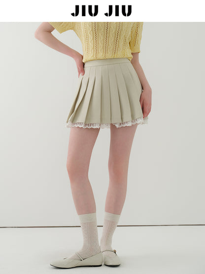 Lace Trimmed High Waist Pleated Skirt