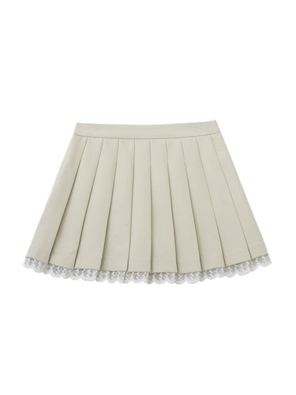 Lace Trimmed High Waist Pleated Skirt