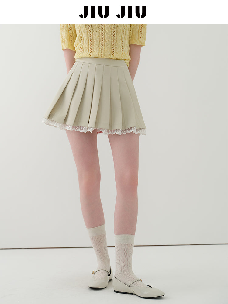 Lace Trimmed High Waist Pleated Skirt