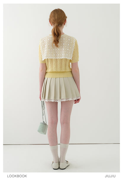 Lace Trimmed High Waist Pleated Skirt