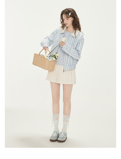 Gingham Zip-Up Jacket With Double Peter Pan Collar