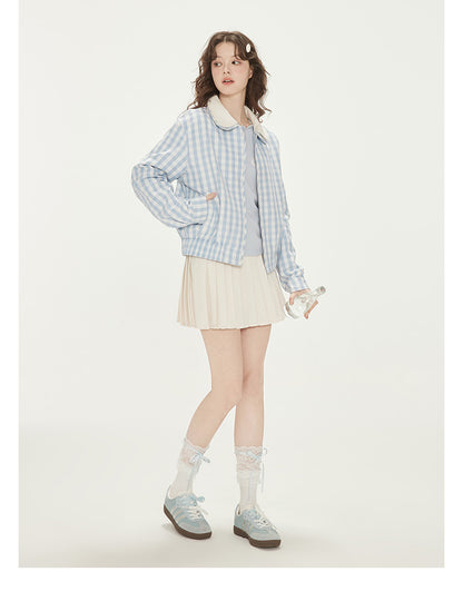 Gingham Zip-Up Jacket With Double Peter Pan Collar