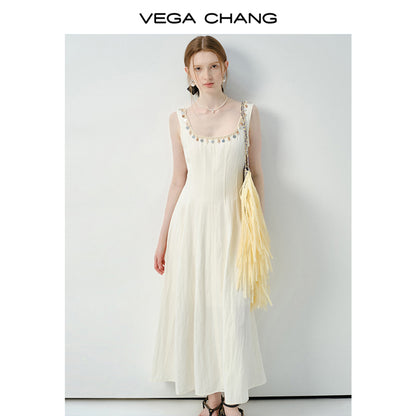 Sleeveless Dress With Shell-Decorated Neckline