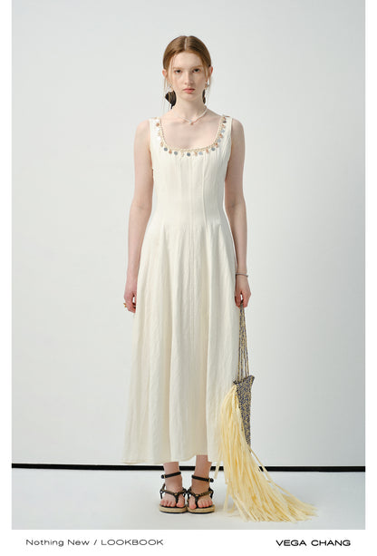 Sleeveless Dress With Shell-Decorated Neckline