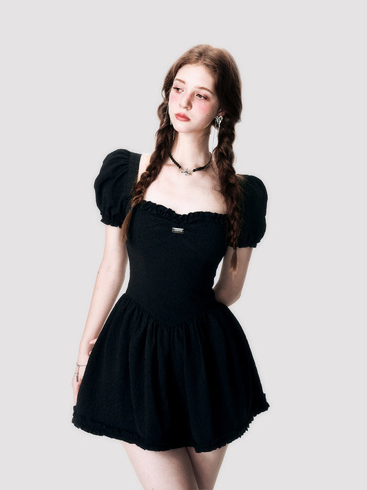 Floral Embossed Jacquard Puff Sleeve Dress