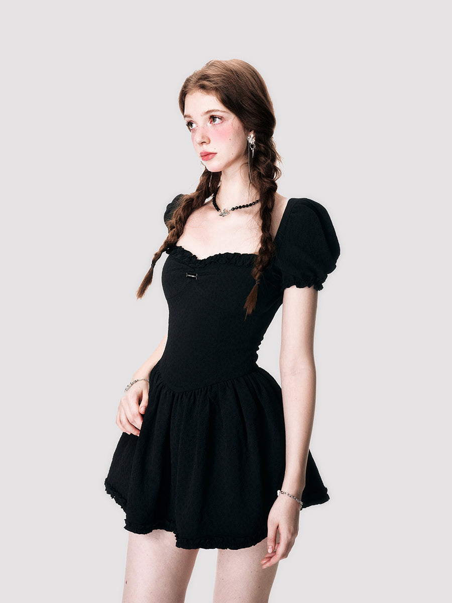 Floral Embossed Jacquard Puff Sleeve Dress