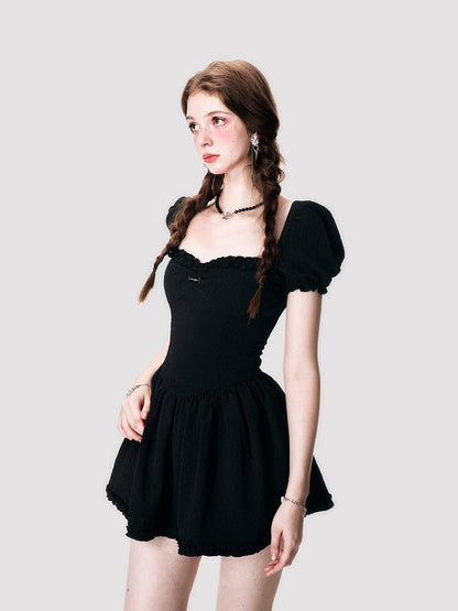 Floral Embossed Jacquard Puff Sleeve Dress