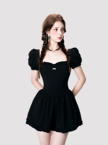 Floral Embossed Jacquard Puff Sleeve Dress