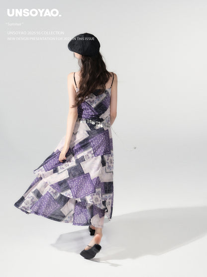 Draped Patchwork Print Stretch Cami Dress
