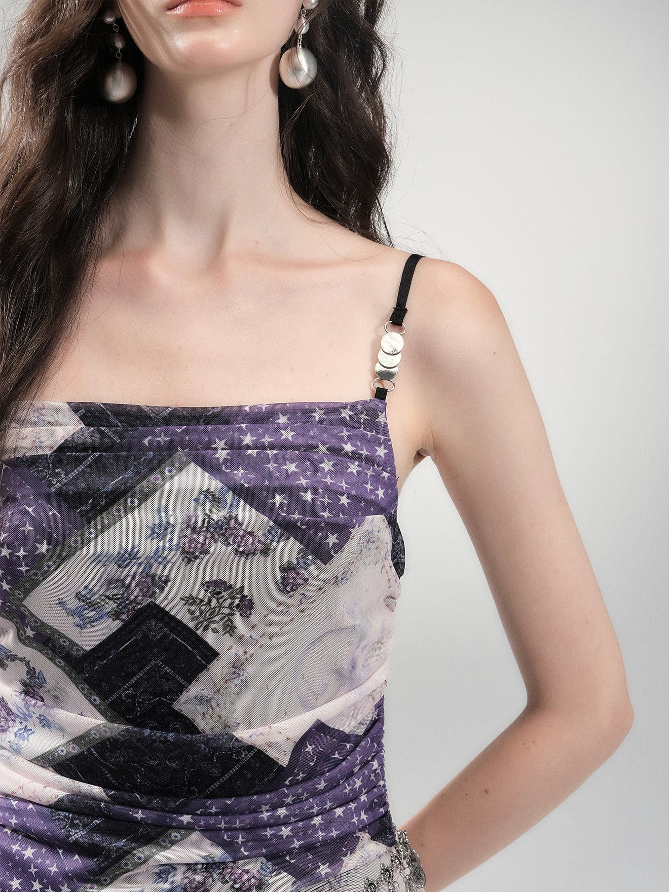 Draped Patchwork Print Stretch Cami Dress
