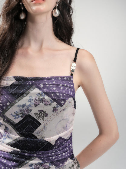 Draped Patchwork Print Stretch Cami Dress
